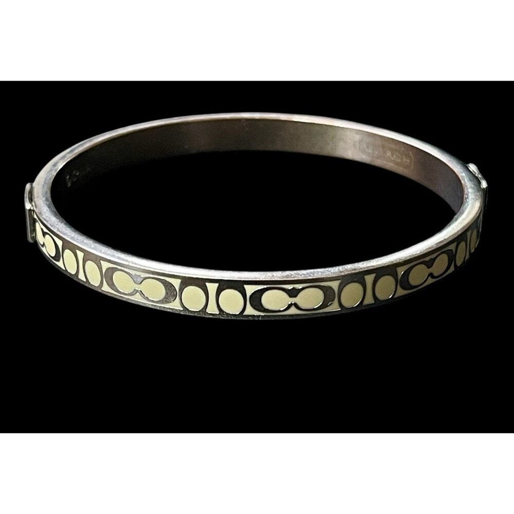 Authentic COACH Gold Tone Enamel Signature C Logo Bangle Bracelet Ivory 7” EUC - Picture 3 of 10